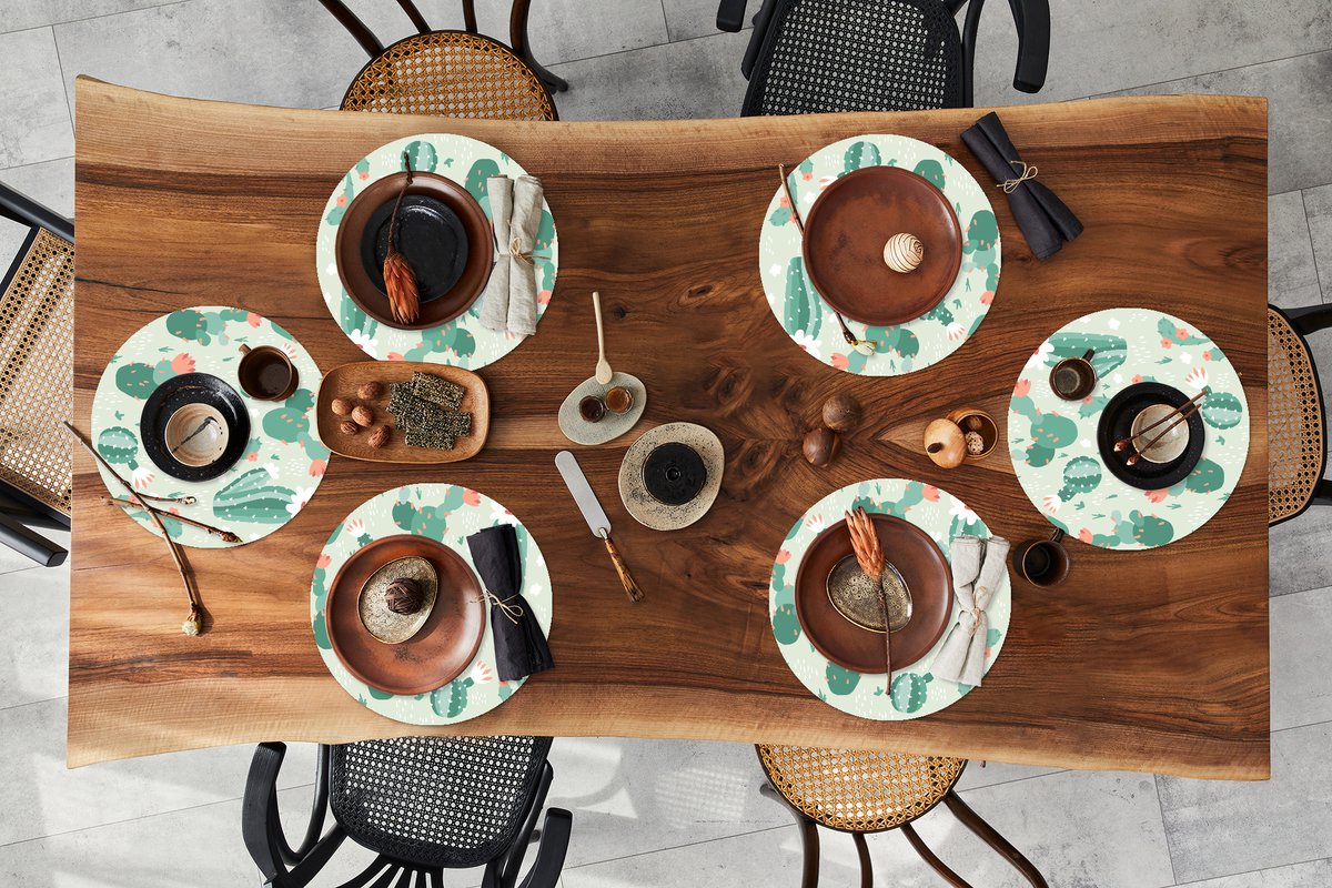 Ronde placemats - Onderlegger - Placemats rond - Cactus - Patronen - Bloem - 6 stuks