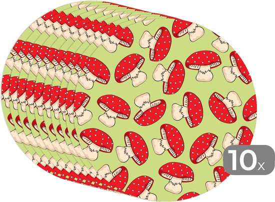 Sets de table ronds - Dessous de verre - Napperons ronds - Champignon - Rouge - Motifs - 10 pièces