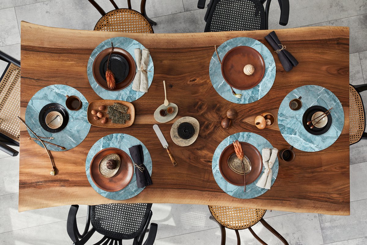 Ronde placemats - Onderlegger - Placemats rond - Kristallen - Blauw - Graniet print - Wit - 6 stuks