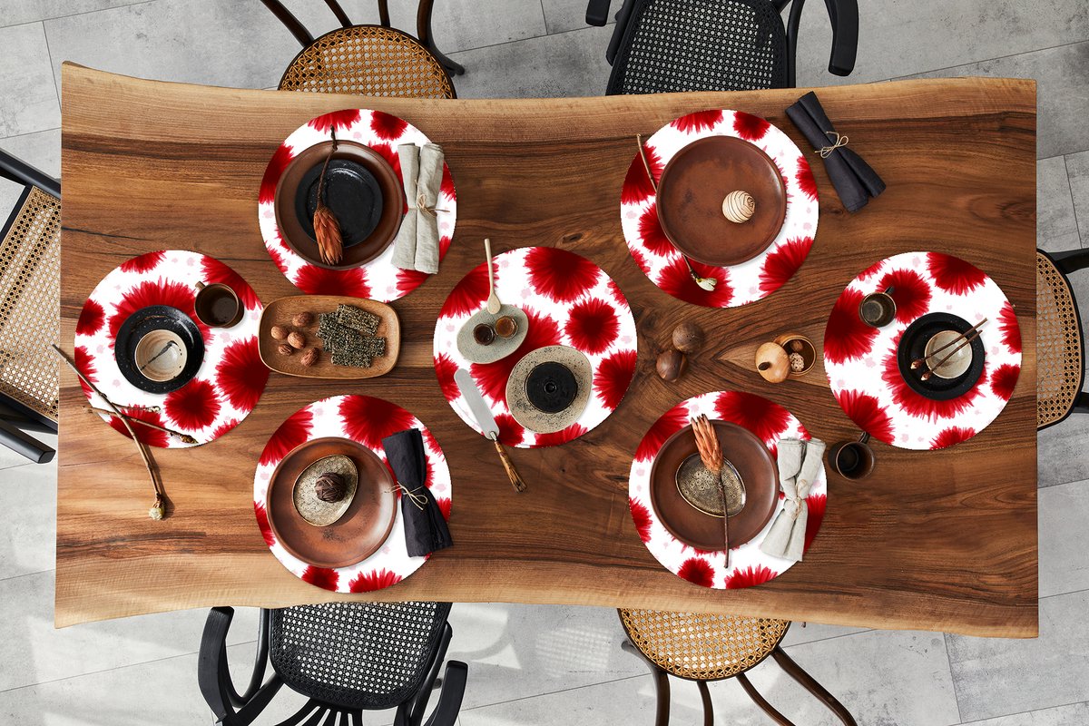 Ronde placemats - Onderlegger - Placemats rond - Aquarelverf - Rood - Bloemen - 8 stuks