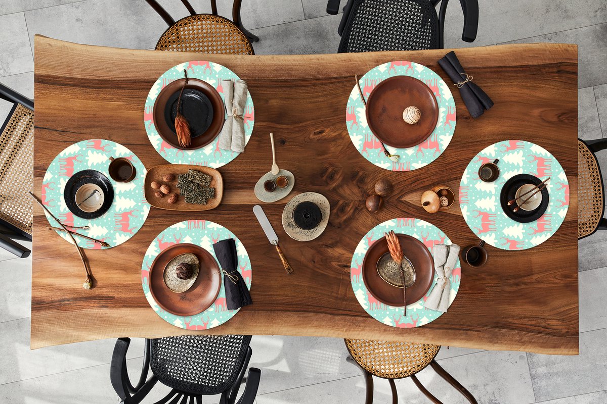 Ronde placemats - Onderlegger - Placemats rond - Hert - Patroon - Roze - 6 stuks