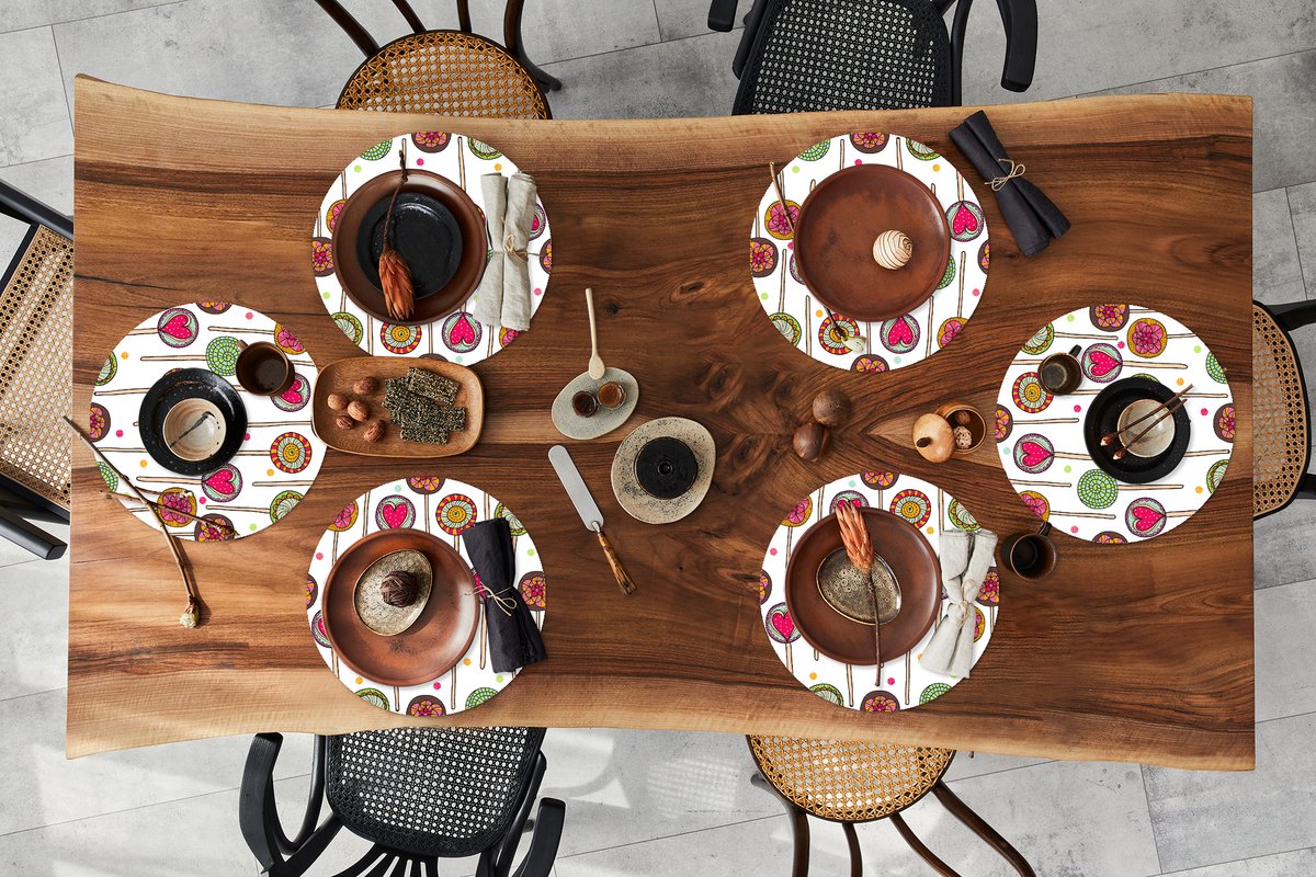 Ronde placemats - Onderlegger - Placemats rond - Patroon - Lolly - Hartjes - Snoep - 6 stuks