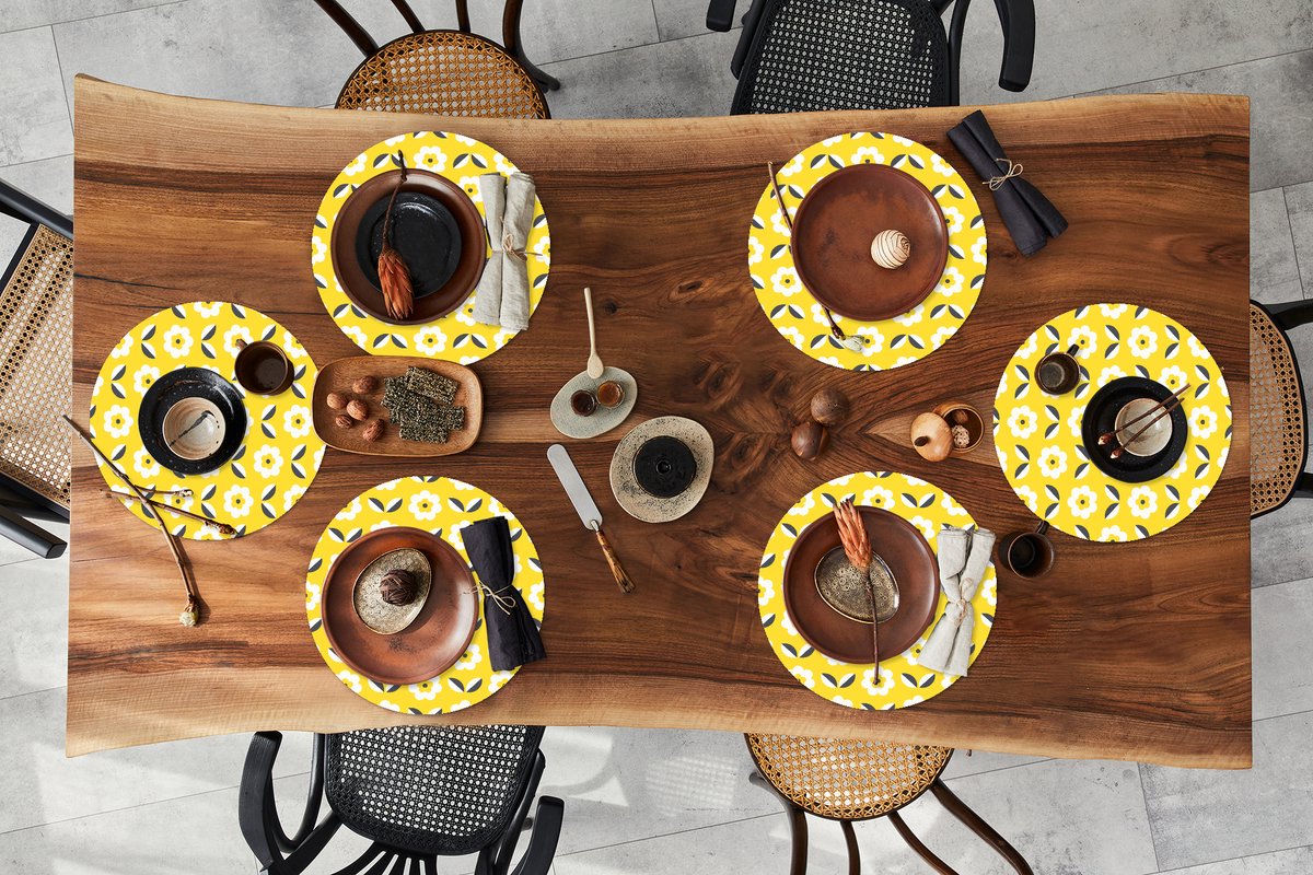 Ronde placemats - Onderlegger - Placemats rond - Bloem - Geel - Patronen - Zomer - 6 stuks