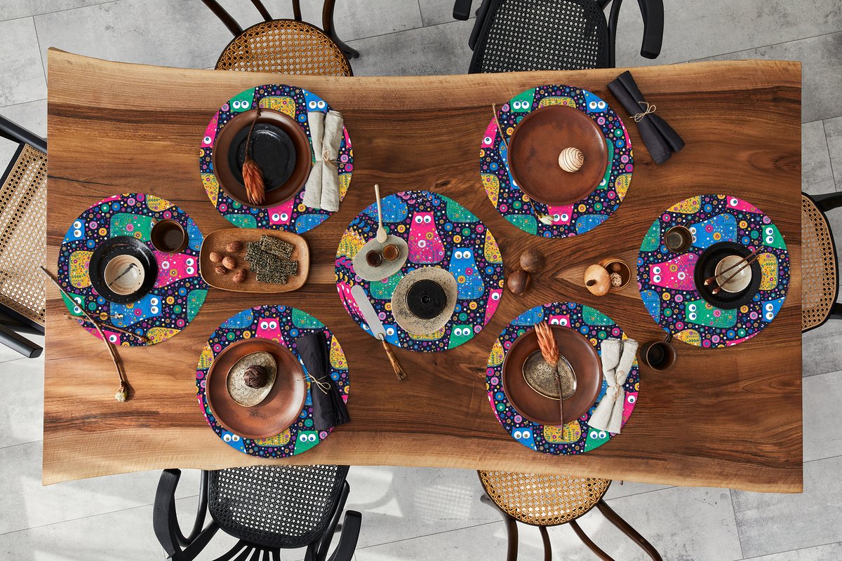 Ronde placemats - Onderlegger - Placemats rond - Kat - Regenboog - Bloemen - 10 stuks