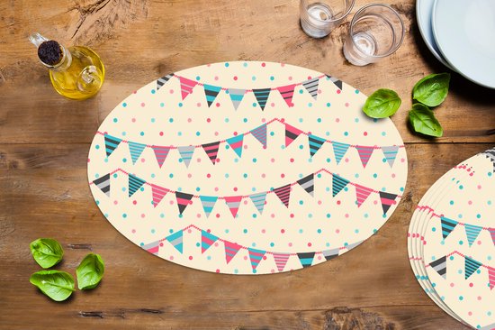 Napperons ovales - Sous-verres - Sets de table ovales - Guirlandes et drapeaux - Motifs - Pastel - 6 pièces