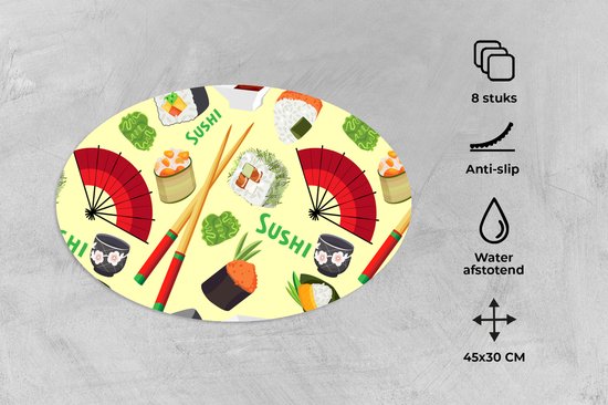 Napperons ovales - Sous-verres - Sets de table ovales - Sushi - Japon - Motifs - 8 pièces