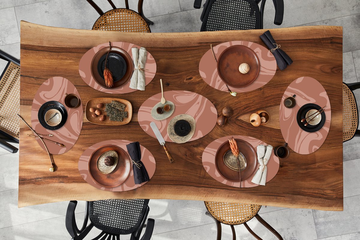 Placemats ovaal - Onderleggers - Ovale placemats - Marmer print - Bruin - Chocolade - 8 stuks