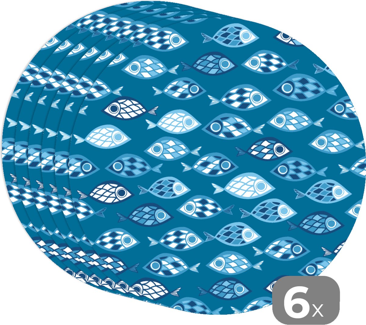 Ronde placemats - Onderlegger - Placemats rond - Vissen - Blauw - Patronen - 6 stuks