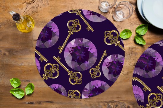 Sets de table ronds - Dessous de verre - Napperons ronds - Pierre précieuse - Motifs - Or - Clé - 6 pièces