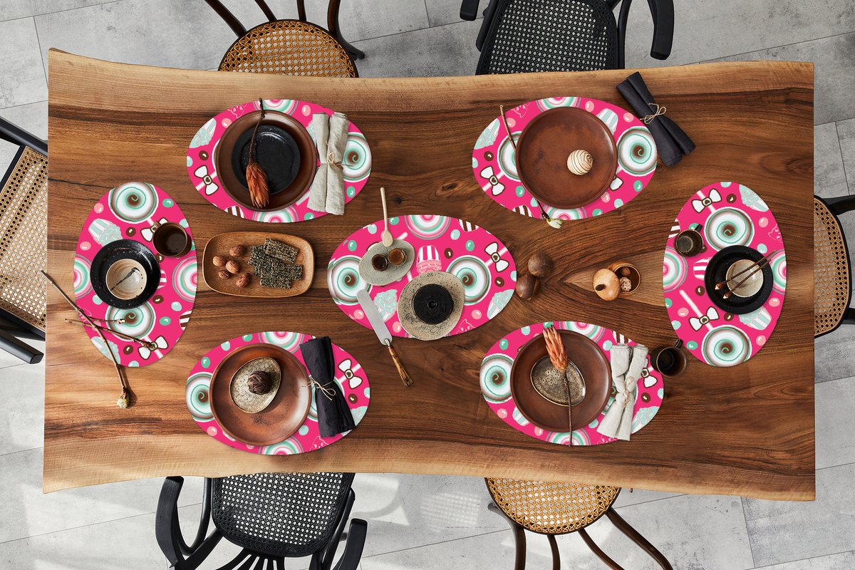 Placemats ovaal - Onderleggers - Ovale placemats - Design - Snoep - Candy - Roze - 8 stuks