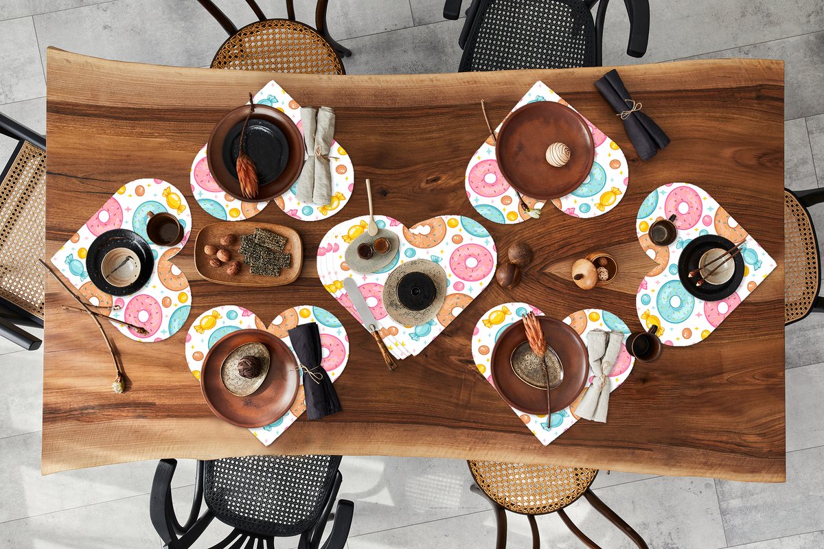 Onderleggers - Placemats - Placemats hartje - Snoep - Donuts - Patronen - 10 stuks