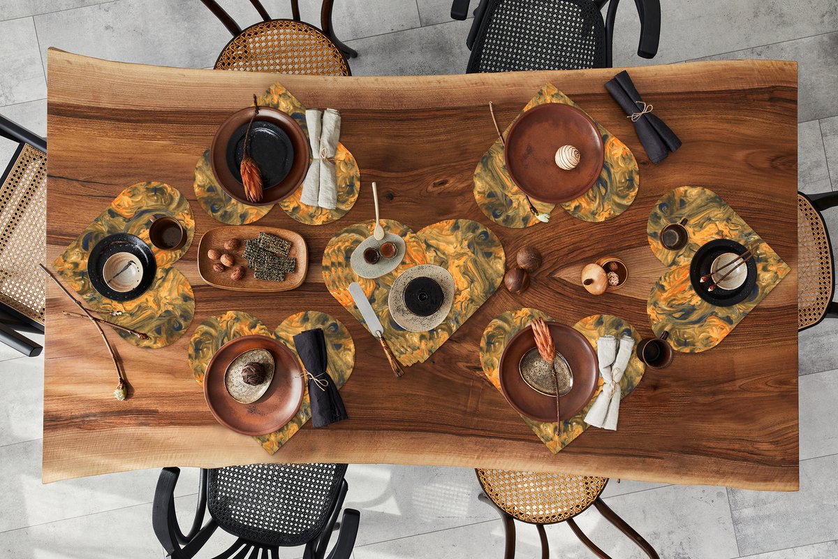 Onderleggers - Placemats - Placemats hartje - Verf - Bruin - Oranje - Marmer print - Design - 10 stuks