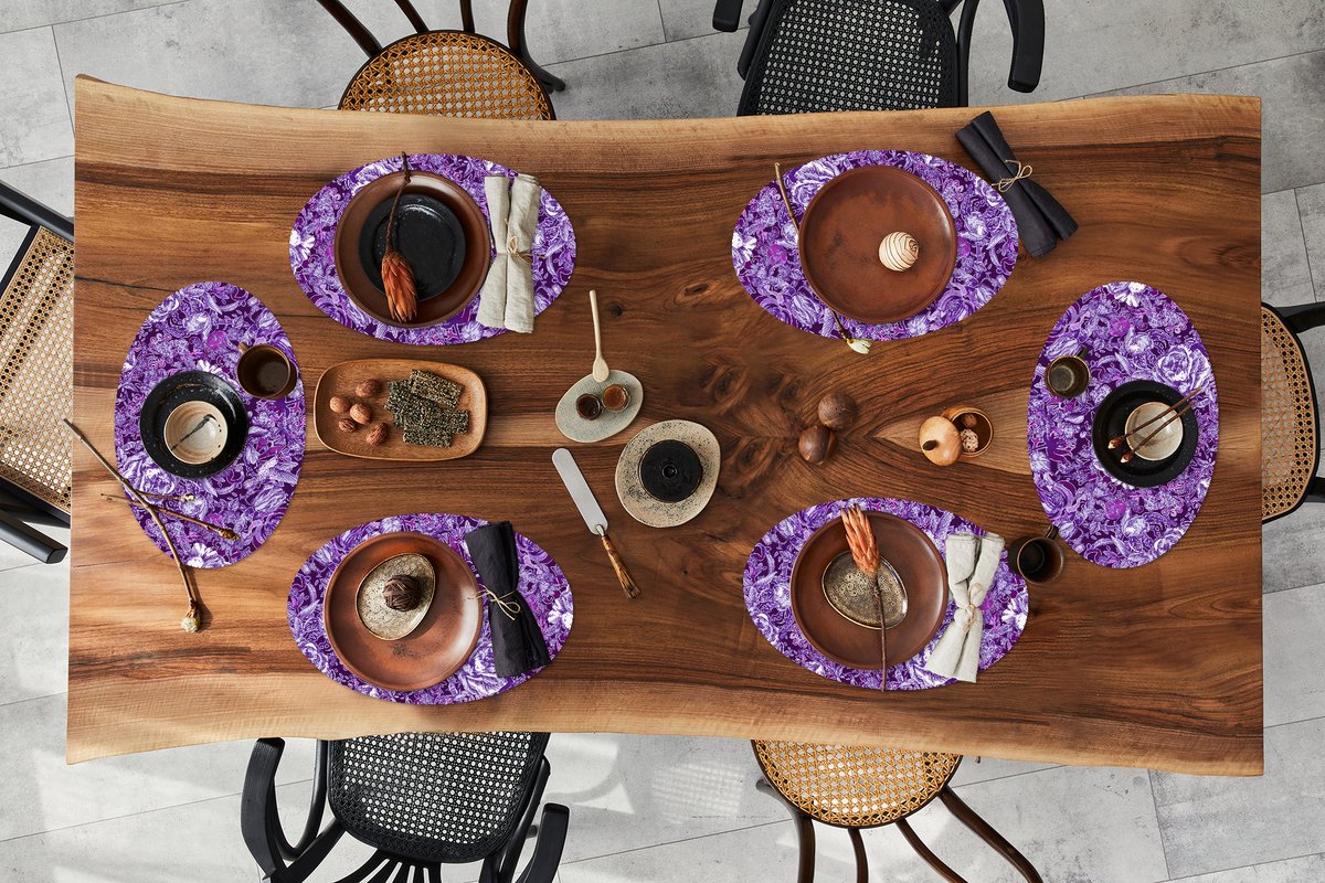 Placemats ovaal - Onderleggers - Ovale placemats - Kolibrie - Rozen - Paars - 6 stuks
