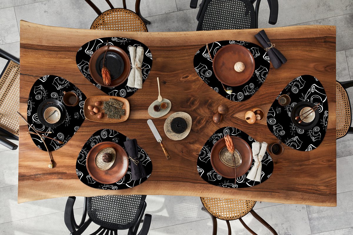Placemat organisch - Placemats organic - Onderleggers - Camera - Patronen - Zwart Wit - 6 stuks