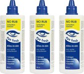 Drie flessen "Eye Fresh" "NO RUB" alles-in-één lenzenvloeistof voor zachte contactlenzen. Inclusief reinigen, desinfecteren, bewaren en inzetten.