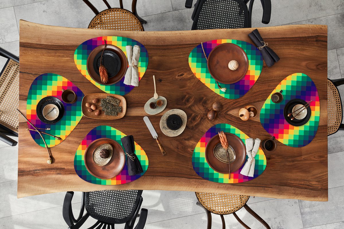 Placemat organisch - Placemats organic - Onderleggers - Regenboog - Patronen - Pixel - 6 stuks