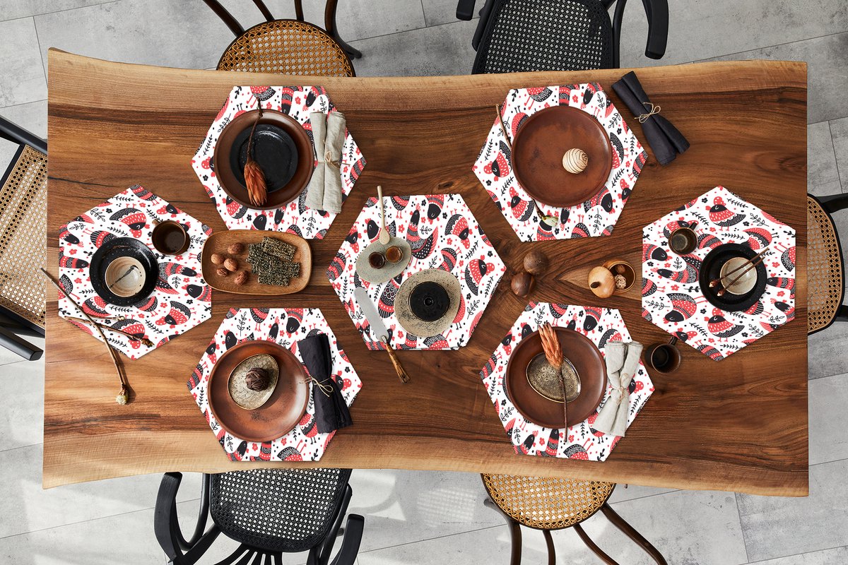 Placemats hexagon - Onderleggers placemats - Placemat zeshoek - Vogel - Kip - Patroon - 8 stuks