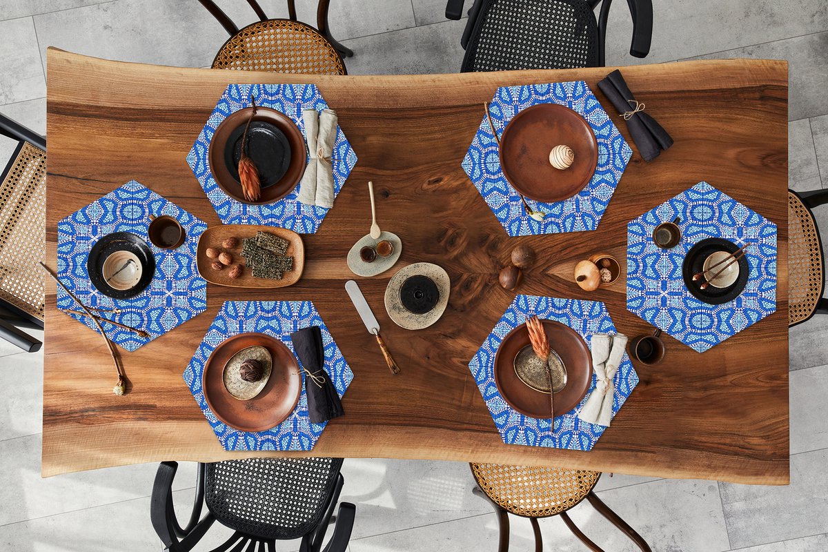 Placemats hexagon - Onderleggers placemats - Placemat zeshoek - Mozaïek - Blauw - Design - 6 stuks