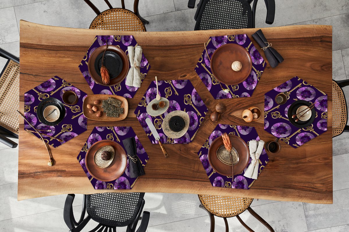 Placemats hexagon - Onderleggers placemats - Placemat zeshoek - Edelsteen - Patronen - Goud - Sleutel - 8 stuks