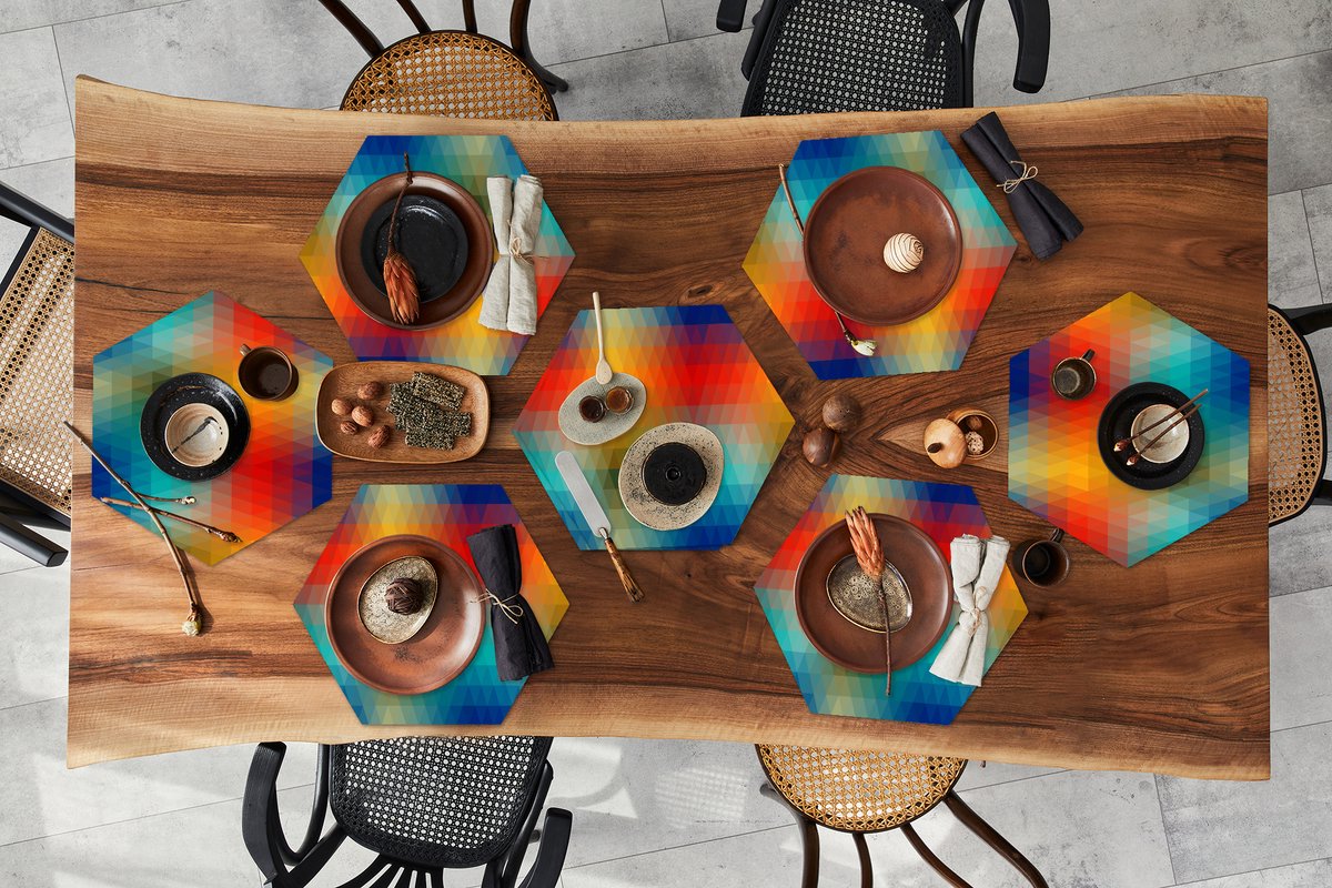 Placemats hexagon - Onderleggers placemats - Placemat zeshoek - Design - Retro - Patronen - Pixel - 8 stuks
