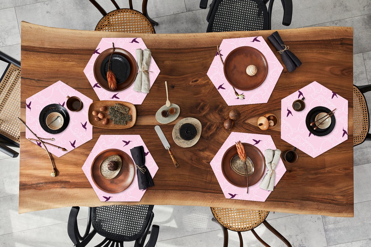 Placemats hexagon - Onderleggers placemats - Placemat zeshoek - Vogel - Patronen - Roze - 6 stuks