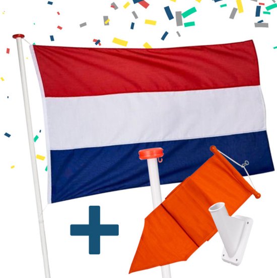 Nederlandse vlag met Vlaggenstok Aluminium, Gevelhouder, Nederlandse Vlag, Oranje Wimpel - Complete Set | Koningsdag | Boeren protest vlag