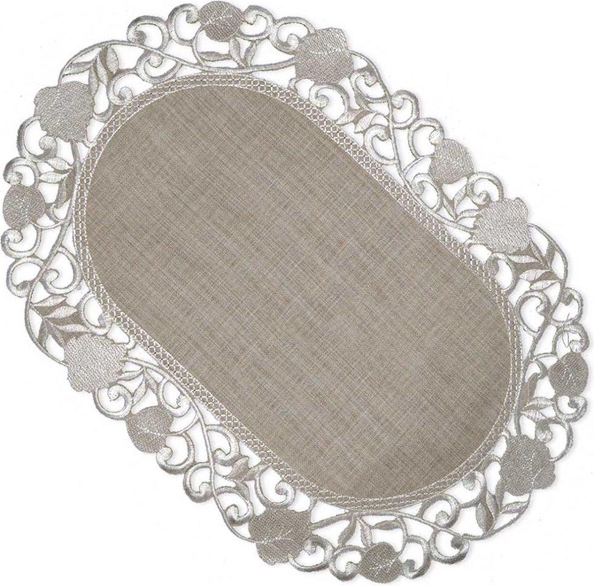Tafelloper - Linnenlook - Taupe met blaadjes - Loper 45 cm