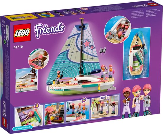 LEGO Friends zeilboot set doos met afbeelding van zeilboot met drie poppetjes en bootinterieur.