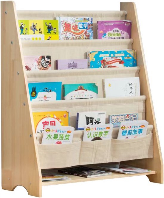 Massief Houten Kinderboekenrek 5 laags - W62×H76×D28cm - Natuurlijk Beige - Boekenkast voor kinderen - Bookcase -Boekenplank - Kinderkamerkast - Speelgoedrek - Opbergrek - Organizer - Speelgoedkast - Boekenrek
