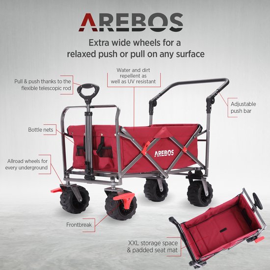 AREBOS Bolderkar Opvouwbare - Bolderkar Luchtbanden - Strandkar - Rood van AREBOS — afbeelding 3