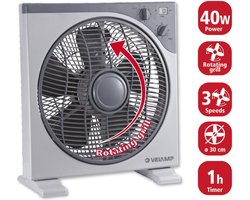 Box Fan Ventilator – 30cm – Kunststof – 3 Snelheden – met Timer – Grijs -veilig propeller afgesloten voor kindervingers.