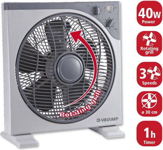 Boxventilator 30 cm kunststof met timer, 3 snelheden, 360° draaibaar rooster, kindveilig, grijs