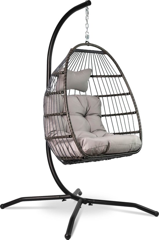 Vita5 Egg Hangstoel – Met Standaard – Binnen en Buiten – Cocoon Stoel - Opvouwbaar - Tot 150kg – Incl. Kussen – Lichtgrijs