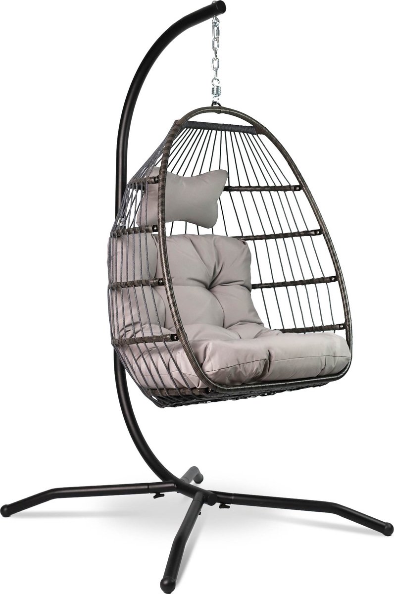Bol.com Vita5 Egg Hangstoel – Met Standaard – Binnen en Buiten – Cocoon Stoel - Opvouwbaar - Tot 150kg – Incl. Kussen – Lichtgrijs aanbieding