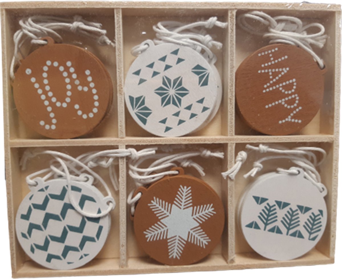 24 houten kerstballen in giftbox. Kerst cadeau versiering kerstboom.