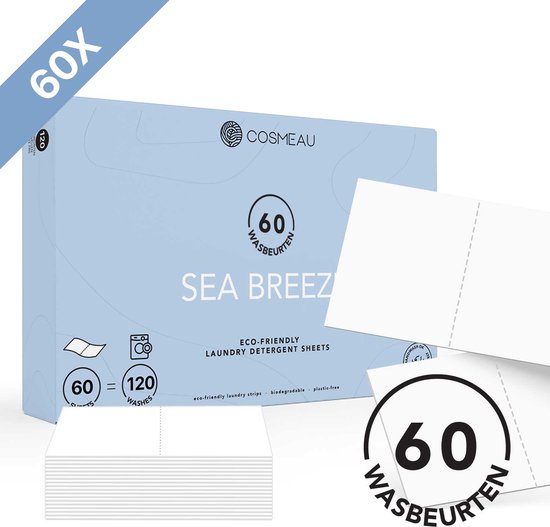 Cosmeau Wasstrips 60 Wasbeurten Zeebries Wasmiddel Wasvellen Detergent Sheets Eco Laundry Strips - Plasticvrij Biologisch Eco