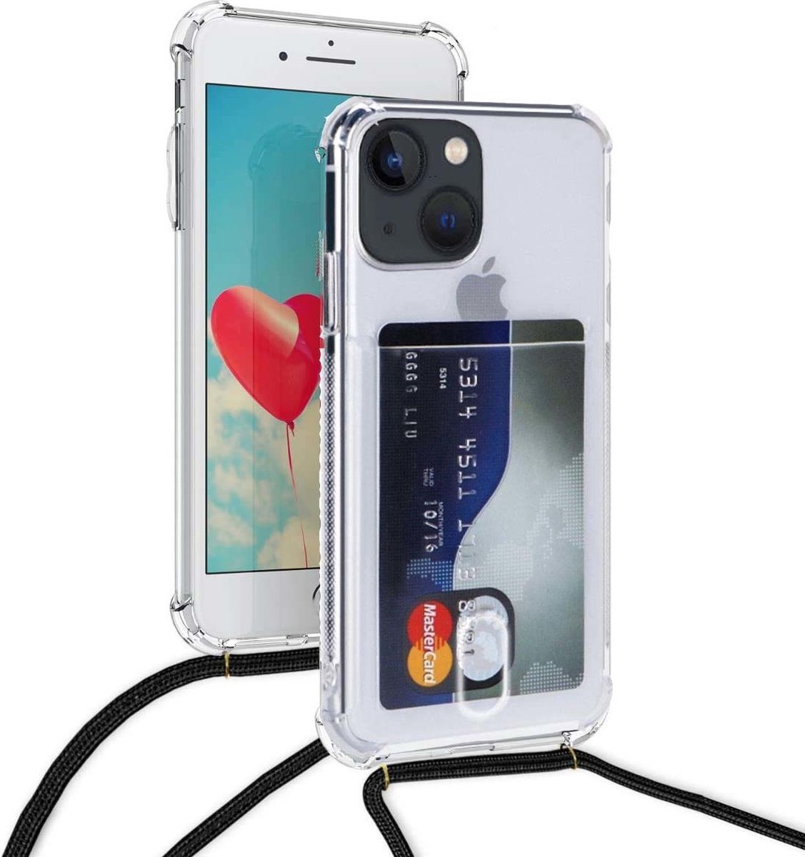 Geschikt voor iPhone 13 Koord Hoesje Met Pashouder Koord Zwart - Geschikt voor iPhone 13 backcover - Geschikt voor iPhone 13 case – hoesje met pasje Geschikt voor iPhone - oTronica koord hoesje Geschikt voor iPhone
