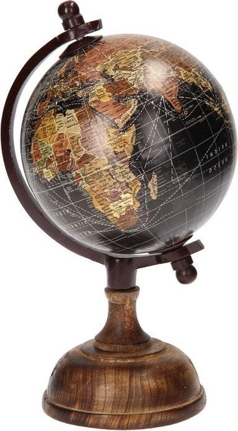 Kleine wereldbol zwart 12cm - wereldbol op houten voet