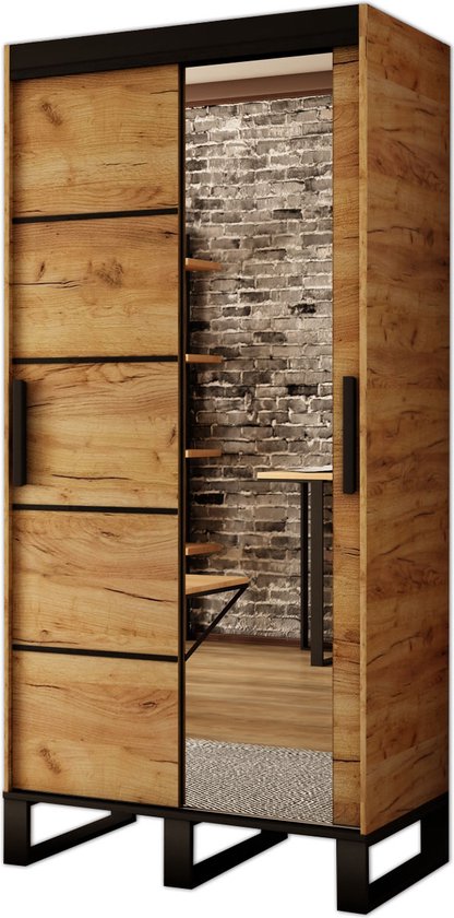 InspireMe- Kledingkast met 2 schuifdeuren, Spiegeldeur, Loft-stijl, Industriële kledingkast, Metalen poten Kledingkast met planken (BxHxD):…
