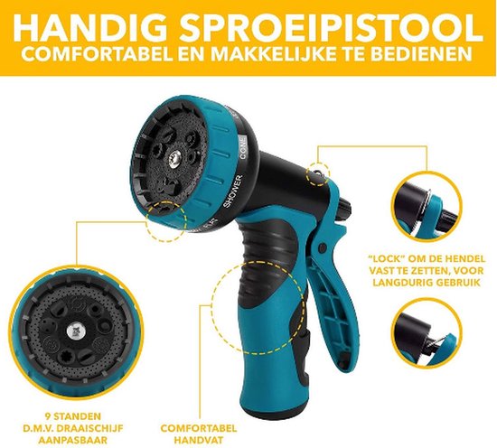 Zwarte en turquoise sproeikop met 9 standen. Tekst: HANDIG SPROEIPISTOOL, COMFORTABEL EN MAKKELIJKE TE BEDIENEN, 9 STANDEN D.M.V. DRAAISCHIJF AANPASBAAR, COMFORTABEL HANDVAT, "LOCK" OM DE HANDEL VAST TE ZETTEN, VOOR L...