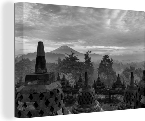 Canvas Schilderij Zonsopgang bij de tempel Borobudur in Indonesië - zwart wit - 60x40 cm - Wanddecoratie