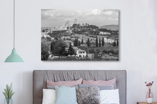 Peinture sur toile 150x100 cm - Décoration murale Les collines de San Gimignano en Toscane - noir et blanc - Décoration murale salon - Décoration chambre - Accessoires chambre - Peintures