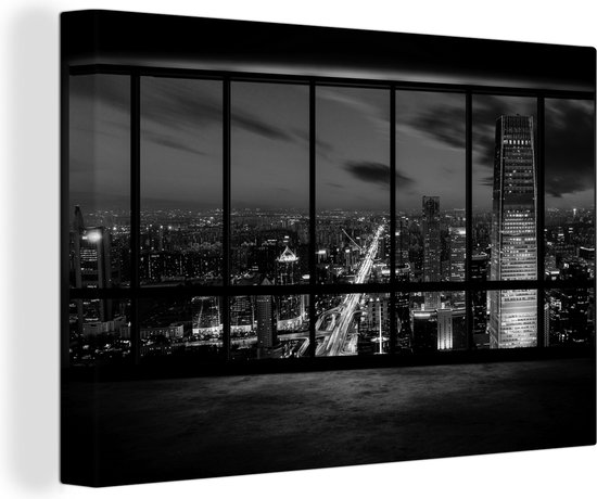 Tableau sur toile De nombreuses fenêtres avec vue sur une partie d'une ville  - noir et... | bol.com