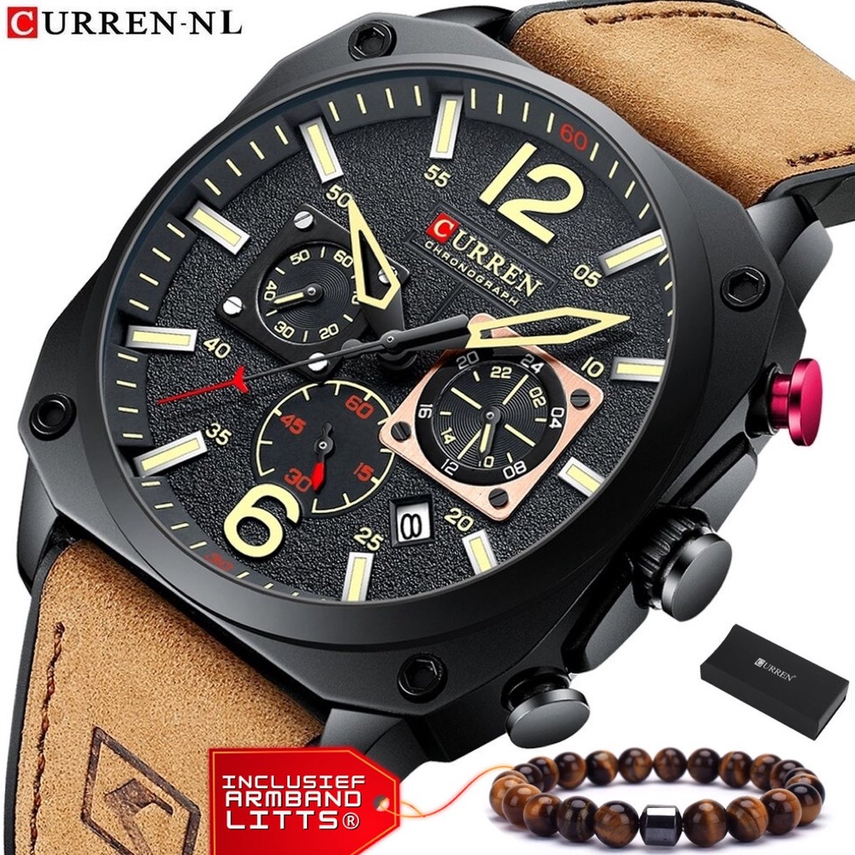 Curren - Horloge Heren - Cadeau voor Man - Horloges voor Mannen - 44 mm - Bruin Zwart
