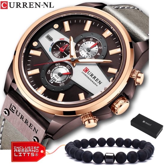Curren - Horloge Heren - Cadeau voor Man - Horloges voor Mannen - 49 mm - Grijs Bruin Rosé