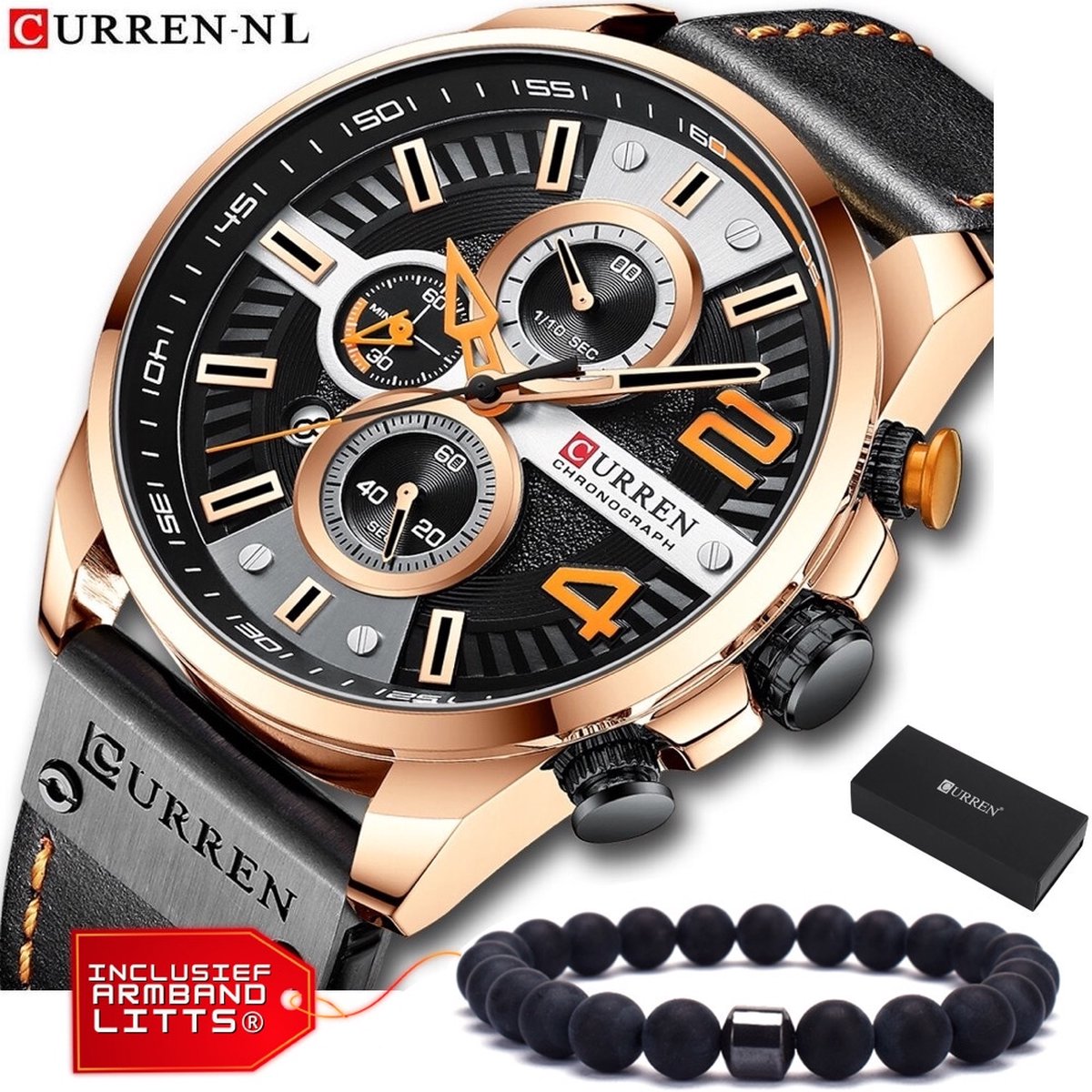 Curren - Horloge Heren - Cadeau voor Man - Horloges voor Mannen - 47 mm - Zwart Rosé