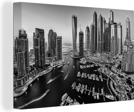 Canvas schilderij 150x100 cm - Wanddecoratie De jachthaven van Dubai met de enorme grote en bijzondere gebouwen - zwart wit - Muurdecoratie woonkamer - Slaapkamer decoratie - Kamer accessoires - Schilderijen