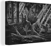 Tableau sur toile Un dessin d'écureuil à côté d'une souche d'arbre - noir et blanc - 120x90 cm - Décoration murale Art
