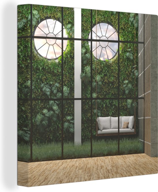Canvas Schilderij Schommelstoel in een kas met ronde ramen - 90x90 cm -  Wanddecoratie | bol.com