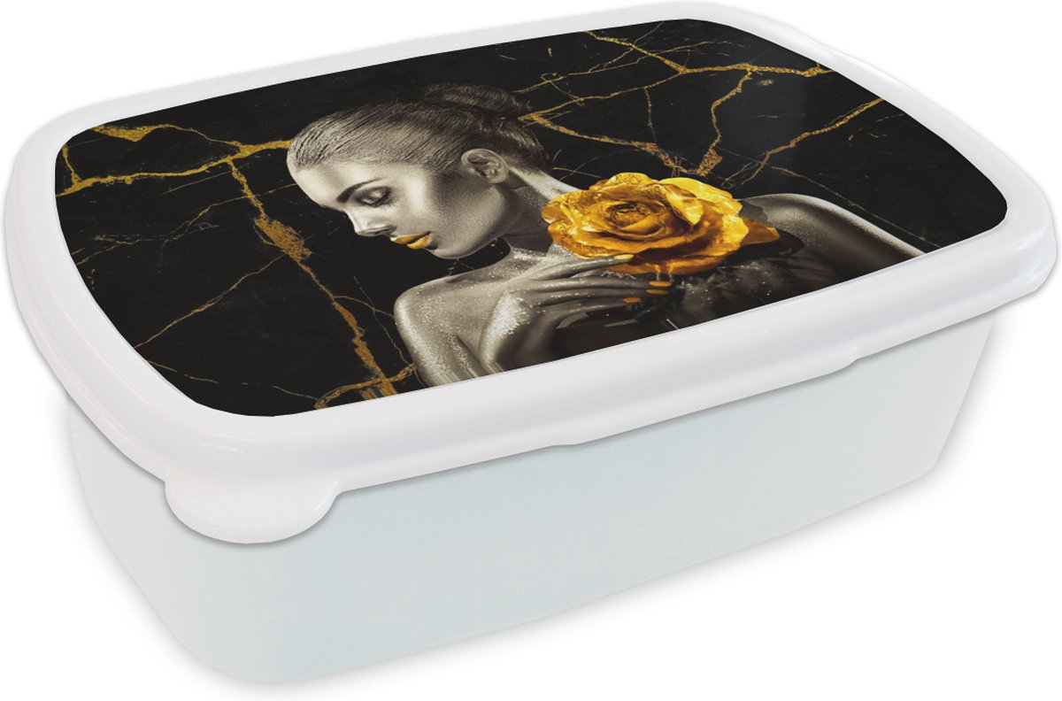 Broodtrommel Wit - Lunchbox - Brooddoos - Vrouwen - Rozen - Goud - Marmer - 18x12x6 cm - Volwassenen